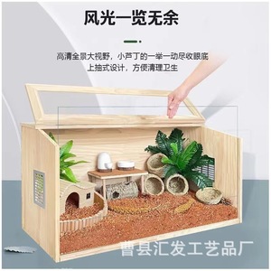 Wooden <b>Pet</b> House Rectangle Hamster Cage With Transparent Window And Landscaping Design For Small Animals - Product Image 3