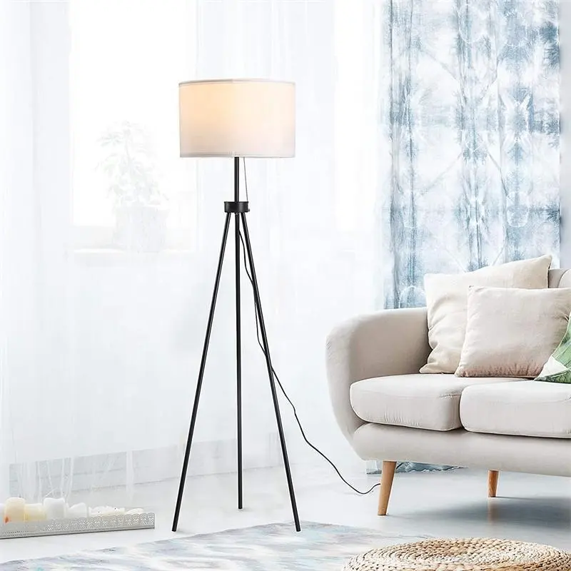 Lampadaire sur pied LED en métal noir ou doré, luminaire moderne avec abat-jour en tissu, décoration intérieure, pour chambre à coucher, salon