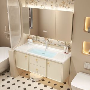 Meuble-lavabo mural élégant crème avec <span class=keywords><strong>miroir</strong></span> arrondi, vasque en céramique profonde et rangement - Product Image 2