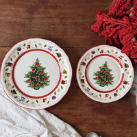 Ensemble de vaisselle en céramique de Noël rétro et coloré, assiettes rondes ondulées, bols et tasses à motifs botaniques pour les fêtes et les mariages