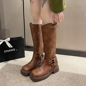 2025 Western bottes au genou femmes bottes équestres à bout carré rétro <span class=keywords><strong>Cowboy</strong></span> talon épais chausson - Product Image 1