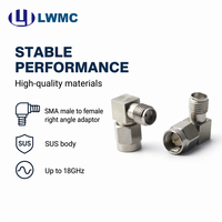 Adaptador de ángulo recto LWMC SMA macho a hembra, pasivo, sin montaje, 1.25:1, conector RF chapado en oro, cuerpo de acero inoxidable, hasta 18 GHz