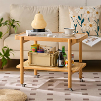 Table basse moderne à 2 niveaux avec plateau en verre et cadre en bambou, roulettes, meubles de salon