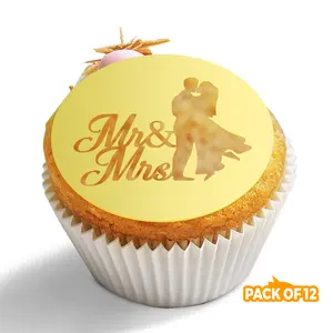 Pak 12 buah Mr & Mrs Cake Disc akrilik Cupcake Toppers cermin akrilik Toppers kue Topper bulat hiasan untuk dekorasi Cupcake