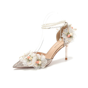 Zapatos de Novia con Tacón de Aguja, Punta en Pico, Correa en el Tobillo, Decoración Floral, Forro de Satén, Tacón Alto - Product Image 5