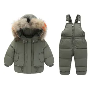 Sıcak çocuk giyim iki parçalı önlük ve ceket seti bebek kış ceket kız ceket rüzgar geçirmez su geçirmez kayak kıyafeti