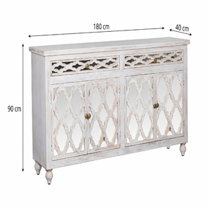 Aparador de Madera Tallado a Mano con 4 Puertas y Estantes de Almacenamiento |   Aparador Vintage Blanco con Acabado Desgastado |   Madera maciza - Product Image 4