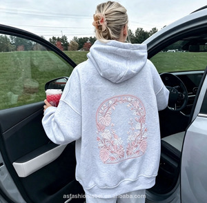 Sweat à capuche surdimensionné pour femme avec logo personnalisé, broderie tropicale en relief, gris chiné, style coquette avec nœud, en polaire, épaules tombantes, idéal pour l'hiver - Product Image 4