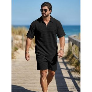 FOXA Men's <b>Waffle</b> Knit Polo <b>Shirt</b> And Shorts Set Breathable Summer Outfit - Product Image 6