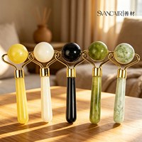 Bâton de massage facial portable en jade poli, en forme de boule sphérique unique, vert profond, pour soins de précision