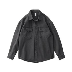 Veste chemise <span class=keywords><strong>grise</strong></span> et verte décontractée pour <span class=keywords><strong>homme</strong></span> Chemise <span class=keywords><strong>de</strong></span> <span class=keywords><strong>travail</strong></span> à manches longues délavée en détresse Loose American Retro pour le printemps et l'automne - Product Image 5