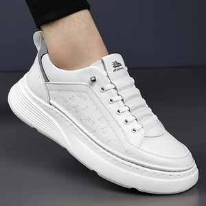 White Men's <b>Slip</b>-<b>On</b> <b>Sneakers</b> Genuine Leather Round Toe Platform Cushioned Spring Casual Shoes - Product Image 1
