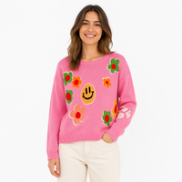 Pull en coton pur jacquard pour femme, col rond, manches longues, motif floral Smiley Face, coupe ample, style vintage rose
