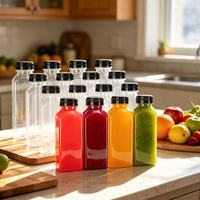 Bouteilles carrées transparentes en PET pour jus, contenants réutilisables vides pour café froid, smoothies et jus faits maison