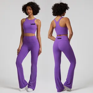 Celana Yoga menyala kaki lebar Bra olahraga punggung pembalap wanita Set Yoga 2 potong pakaian Gym kebugaran olahraga wanita