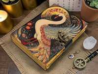 Carnet en cuir rigide Swan avec papier à bords frangés, Grimoire Livre des Ombres, Journal à cadenas antique
