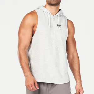 Logo personalizzato Fashion White Cotton Men'S Zip Workout Stringer Bodybuilding canotta Fitness Gym Shirt felpe senza maniche da uomo