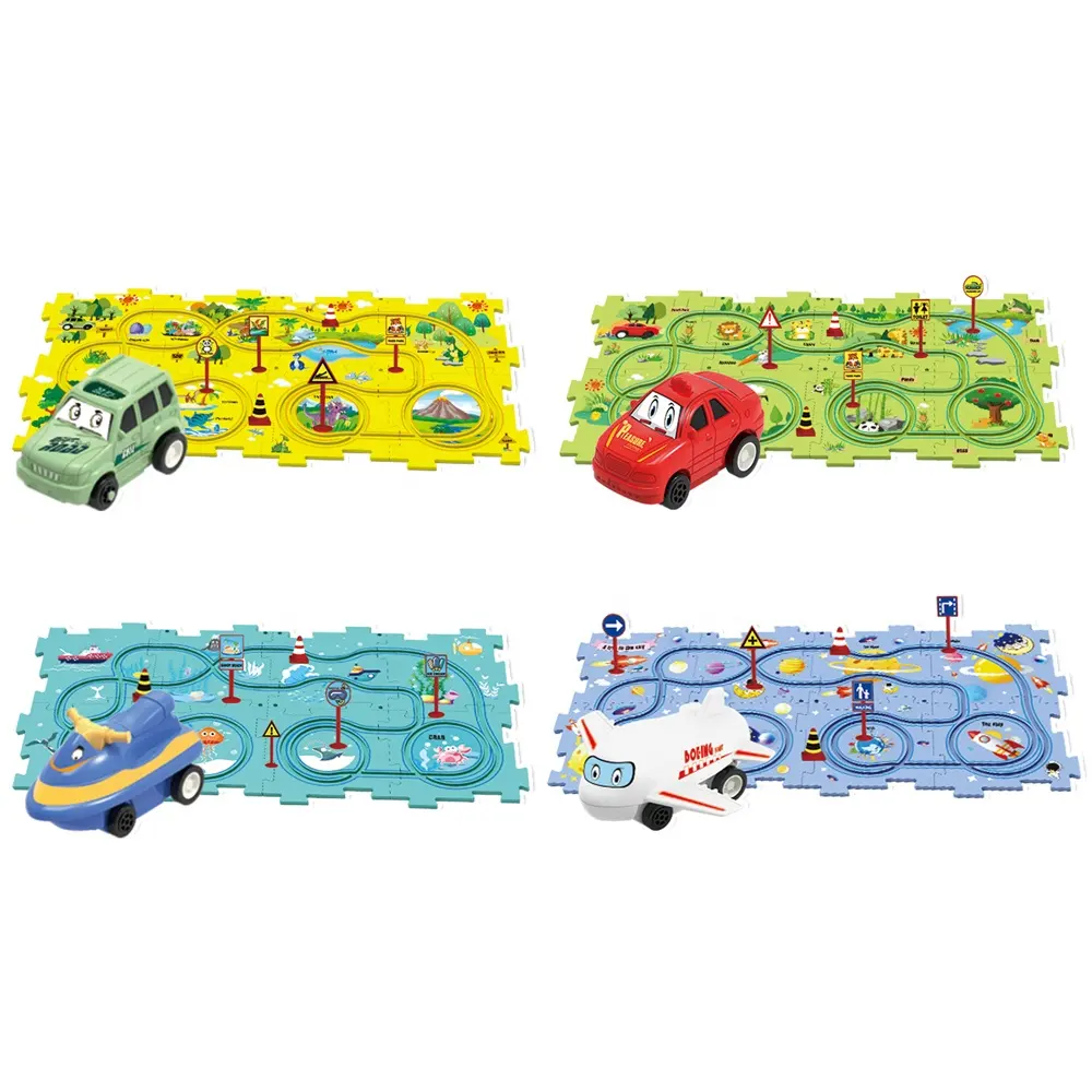 DIY assembling puzzle track car play set kids educational track jigsaw railway building puzzle board kits with electric vehicles