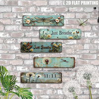 Letrero Metálico Largo con Diseño Floral de Libélula, Decoración Retro para Pared de Jardín en Color Verde Azulado, con Diseño de Flores e Insectos para Patio Trasero, Terraza y Casa de Campo