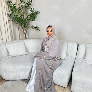 Tissu Nida de haute qualité de luxe Abaya ethnique de Dubaï ouverte sur le devant Abaya ouverte unie de broderie florale modeste pour musulmans - Product Image 6