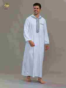 Al Haramain <b>Men's</b> White <b>Thobe</b> Long Sleeve Embroidered Cotton Floor Length Loose Fit Middle East Style Casual Daily Wear - Product Image 2