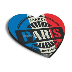 Viajes Francia París Souvenirs Fabricante de imanes de nevera de madera personalizados Logotipo personalizado Imán de nevera MDF en forma de corazón