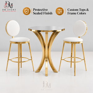 Round Cocktail <b>Table</b> for Wedding Receptions with Gold Stainless Steel Curved Cross Base and Mirrored Tempered Glass Top - Product Image 1