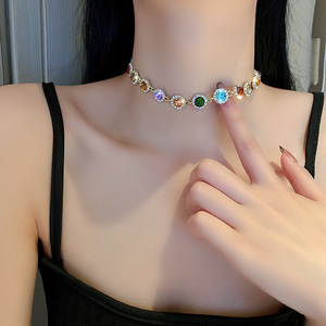 패션 컬러풀 라운드 인레이 라인스톤 칼라 체인 빈티지 코트 스타일 개성 있는 니치 다용도 목걸이 주얼리 - Product Image 4