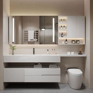 Vama Hot Design armoire de salle de bain, comptoir mural, vanité de salle de bain de couleur rose avec miroir LED - Product Image 4