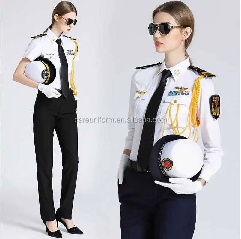 Chemise à épaulettes pour hommes à manches courtes ou longues personnalisée en usine + pantalon noir Ensemble uniforme de chemise de pilote Ailine personnalisé