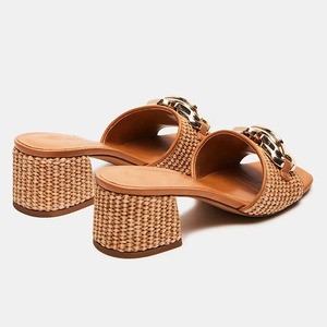 Sandali da Donna con <span class=keywords><strong>Tacco</strong></span> Spesso e Punta Quadrata in Rafia Intrecciata con Chiusura in Metallo Dorato, Stile Retrò, Prezzo di Fabbrica - Product Image 4