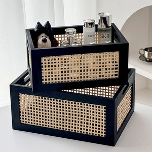 Rattan <b>Storage</b> <b>Basket</b> Rectangle Natural Wood Color Handle Office Organizer Living Room Book <b>Storage</b> Box Solid Wood Drawer - Product Image 2