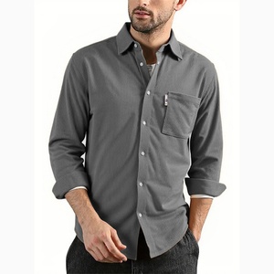 Camisas de pana grises BMH 26 para hombre, de verano, con cuello alto, logotipo personalizado impreso, manga corta, corte regular, con botones. - Product Image 1
