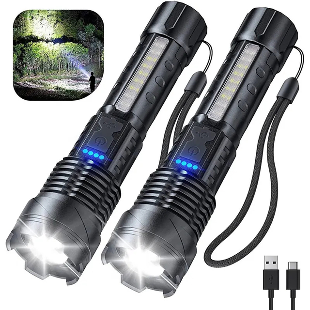 USB Rechargeable 20000 Lumens LED Zoom Flashlight 1000m Long Range with Aluminum Body and COB Side Power Display Pen Torch