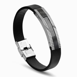 Pulsera de Cuero Negro de 11 mm para Parejas, Diseño Geométrico de Acero Inoxidable, Joyería Unisex para Regalo - Product Image 4