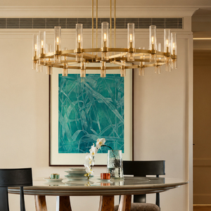 Round Ring Brass Chandelier Clear Cylindrical Glass <b>Tube</b> Pendant Light For Round Dining Table Villa Interior Lighting - Product Image 1