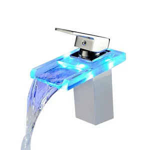 New Design LED Light Glass Spout sink Faucet 3 colors Bathroom Basin Hot and Cold Water Waterfall Mixer Tap