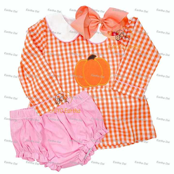 Kids Clothes Wholesale Woven Gingham Pumpkin Legging Sets Custom Peter