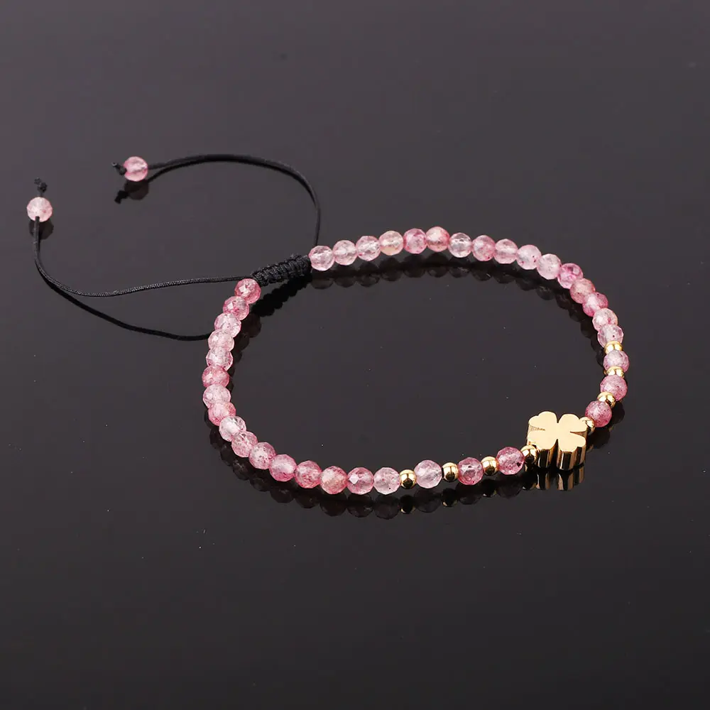 New Fashion Design 3mm Faceted Gemstone Bracelet Stainless Steel Four Clover Flower Charm Macrame Adjustable Bracelet