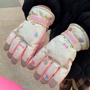 Beige <strong>Cute</strong> Bear Ski <strong>Gloves</strong> for Women Are Popular for Winter Warmth, Fleece and Thickened Outdoor Windproof Cycling - Product Image 2