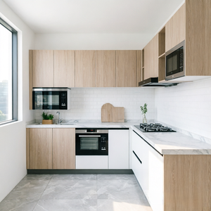 Ensemble d'armoires de cuisine modernes en forme de L BALOM avec <span class=keywords><strong>four</strong></span> encastré noir <span class=keywords><strong>et</strong></span> <span class=keywords><strong>four</strong></span> à <span class=keywords><strong>micro</strong></span>-<span class=keywords><strong>ondes</strong></span> <span class=keywords><strong>pour</strong></span> projets hôteliers <span class=keywords><strong>et</strong></span> villas. - Product Image 1