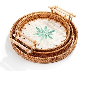 Handwoven Square Oval Small Rattan Tray Set Of 3 Rectangle Round Woven Willow Rattan Storage Serving Tray Basket Sets