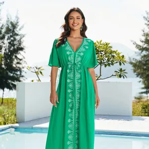 Hot Selling Green Color Embroidered kaftan high quality Rayon swimsuit Beach Tunic Maxi Dress