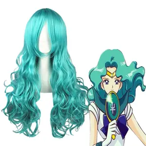 Wholesale 65cm Long Wave Sailor Moon Wig Cosplay Kaiou Michiru Light Green Wig Synthetic Anime Heat Resistant Hair Wig