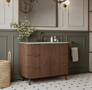 <span class=keywords><strong>Mobile</strong></span> Bagno Moderno in Legno Massello Naturale Personalizzato con Design Scanalato a Strisce, Top in Quarzo e Lavabo Singolo, Mobiletto Freestanding - Product Image 2