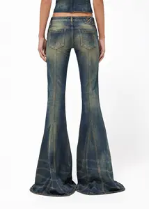 Vintage Ladies Outfit Flare Leg Hot Girl Denim with Rivet Trims Western Washed Jeans