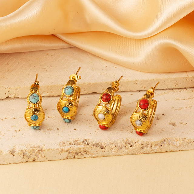 French-style Vintage Stainless Steel Inlay Turquoise Earrings Versatile Niche Design Luxury Gemstone C-shaped Stud Earrings