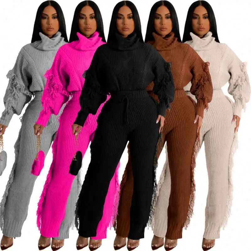 Women Boutique Knitted Two Piece Set Solid Suits Women Turtleneck Tassel Casual Sets for Winter Women Clothing