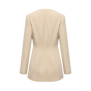 Elegante Giacca <span class=keywords><strong>Blazer</strong></span> Monopetto Beige con Bottoni, Scollo a V, Lunga e Traspirante per Donna - Product Image 3