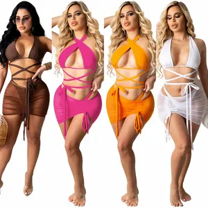 Nieuw Design Sexy 3-delige Badmode Bikini En Rok Strandkleding